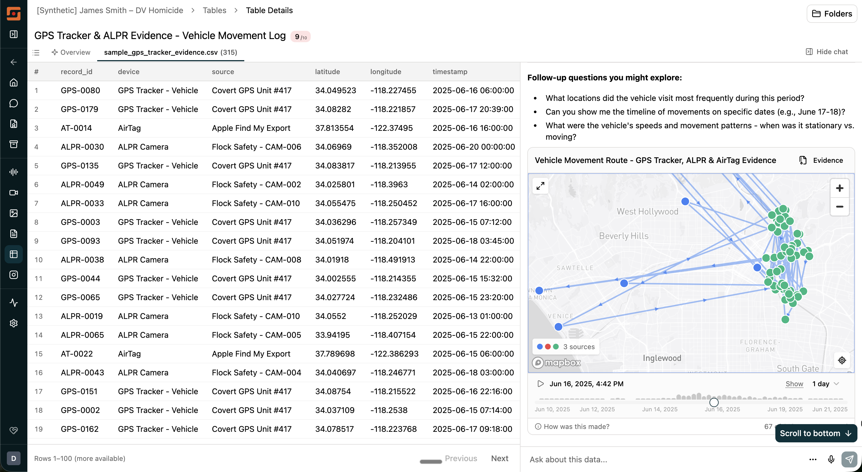 Tables view showing GPS tracker data with an interactive map visualization