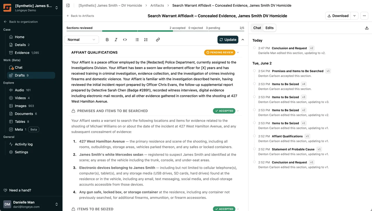 The Drafts report editor: an affidavit reviewed section by section, with accepted and pending-review labels, a section-progress bar, and an edit timeline showing who changed what